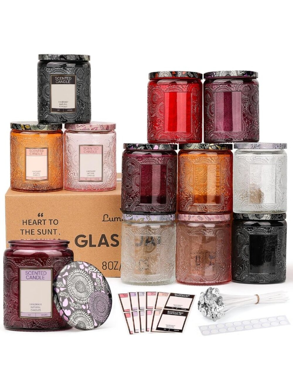 Luxury Embossed Glass Candle Jars - 12 Pack Empty Containers with Lids & Wicks